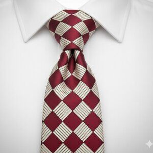 Marks & Spencer St Michael Silk Tie Red & Cream Checked Geometric Italy